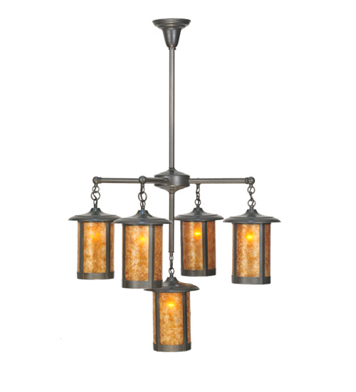 Meyda Lighting Fulton 31" 5-Light Craftsman Brown Prime Chandelier With Amber Mica Shade Glass