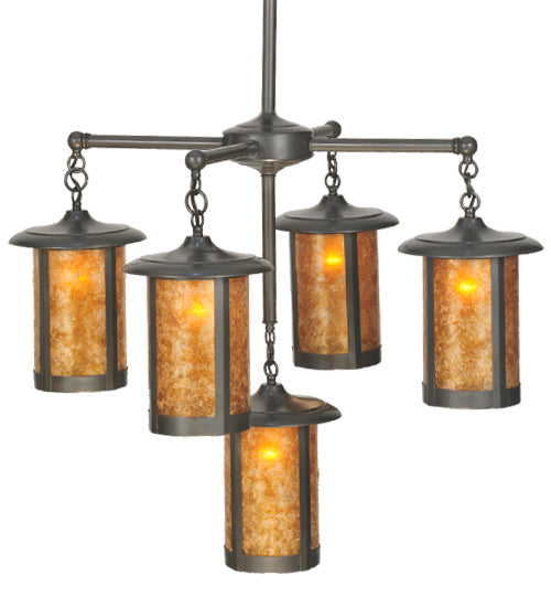 Meyda Lighting Fulton 31" 5-Light Craftsman Brown Prime Chandelier With Amber Mica Shade Glass