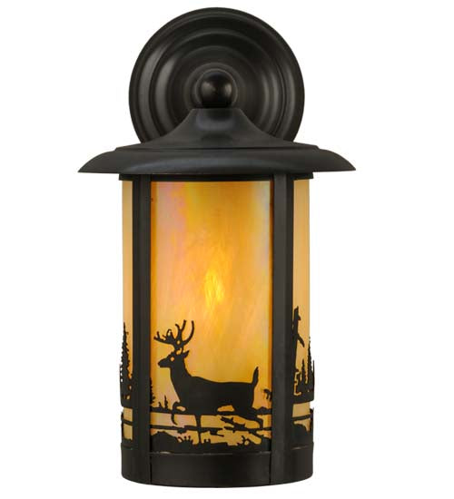 Meyda Lighting Fulton 32203 8" Craftsman Brown Deer Creek Solid Mount Wall Sconce With Beige Iridescent Shade Glass