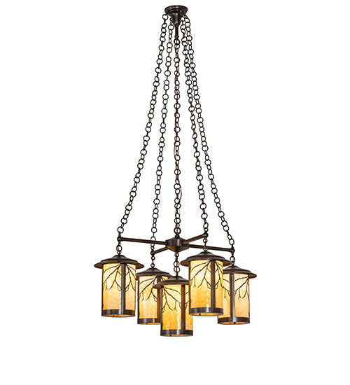 Meyda Lighting Fulton 36" 5-Light Craftsman Brown Branches Chandelier With Beige Art Shade Glass