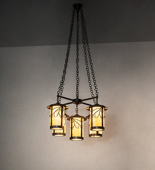 Meyda Lighting Fulton 36" 5-Light Craftsman Brown Branches Chandelier With Beige Art Shade Glass