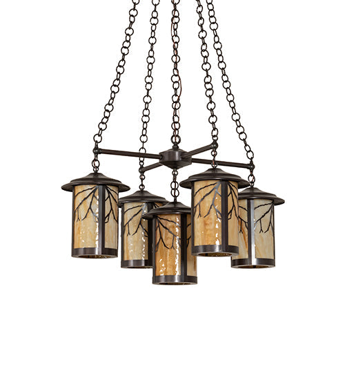 Meyda Lighting Fulton 36" 5-Light Craftsman Brown Branches Chandelier With Beige Art Shade Glass