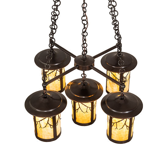 Meyda Lighting Fulton 36" 5-Light Craftsman Brown Branches Chandelier With Beige Art Shade Glass