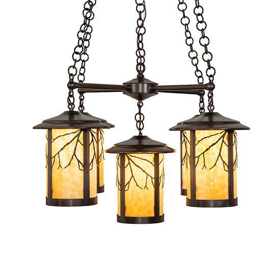 Meyda Lighting Fulton 36" 5-Light Craftsman Brown Branches Chandelier With Beige Art Shade Glass
