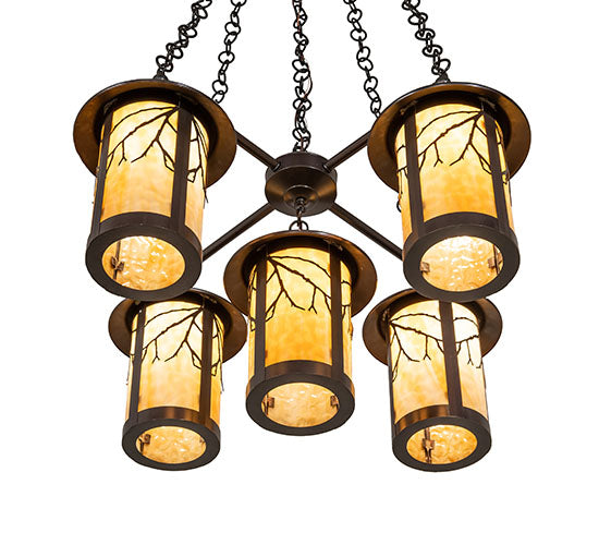 Meyda Lighting Fulton 36" 5-Light Craftsman Brown Branches Chandelier With Beige Art Shade Glass