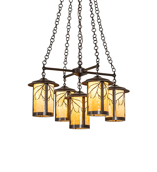Meyda Lighting Fulton 36" 5-Light Craftsman Brown Branches Chandelier With Beige Art Shade Glass