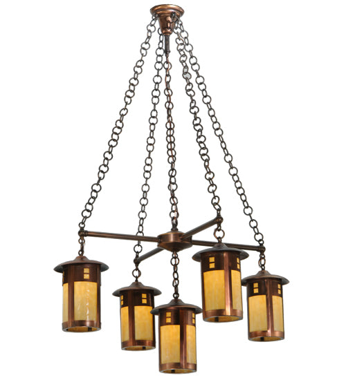 Meyda Lighting Fulton 36" 5-Light Shiny Auburn Prairie Loft Chandelier With Beige Art Shade Glass