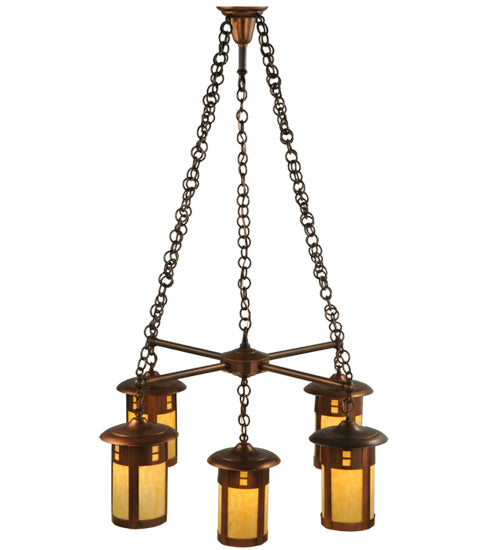 Meyda Lighting Fulton 36" 5-Light Shiny Auburn Prairie Loft Chandelier With Beige Art Shade Glass