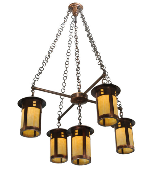 Meyda Lighting Fulton 36" 5-Light Shiny Auburn Prairie Loft Chandelier With Beige Art Shade Glass