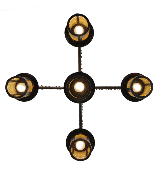 Meyda Lighting Fulton 36" 5-Light Shiny Auburn Prairie Loft Chandelier With Beige Art Shade Glass
