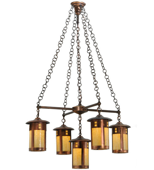 Meyda Lighting Fulton 36" 5-Light Shiny Auburn Prairie Loft Chandelier With Beige Art Shade Glass