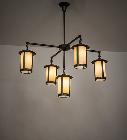 Meyda Lighting Fulton 42" 5-Light Craftsman Brown Prime Chandelier With Beige Art Shade Glass