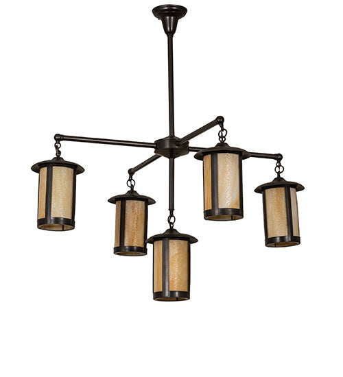 Meyda Lighting Fulton 42" 5-Light Craftsman Brown Prime Chandelier With Beige Art Shade Glass