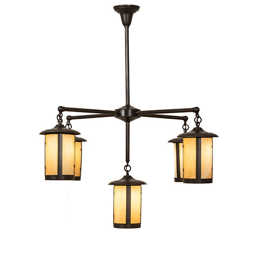 Meyda Lighting Fulton 42" 5-Light Craftsman Brown Prime Chandelier With Beige Art Shade Glass