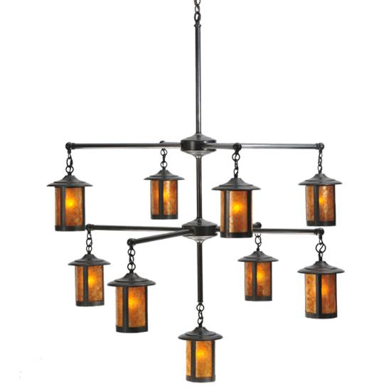 Meyda Lighting Fulton 42" 9-Light Craftsman Brown Chandelier With Amber Mica Shade Glass