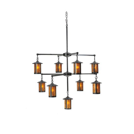 Meyda Lighting Fulton 42" 9-Light Craftsman Brown Chandelier With Amber Mica Shade Glass