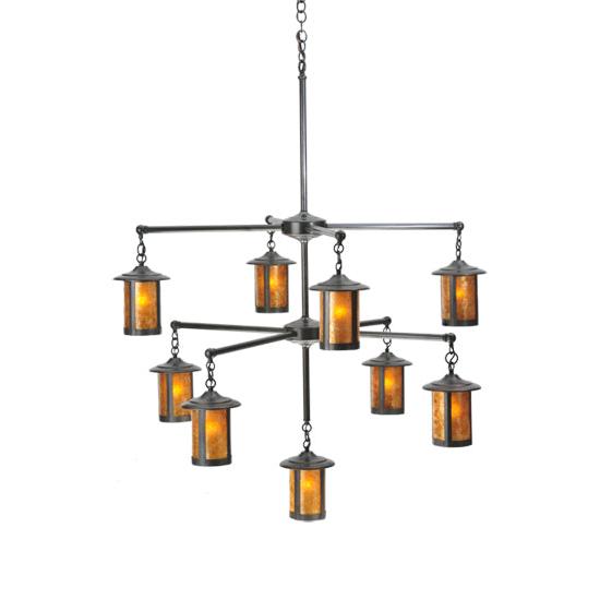 Meyda Lighting Fulton 42" 9-Light Craftsman Brown Chandelier With Amber Mica Shade Glass