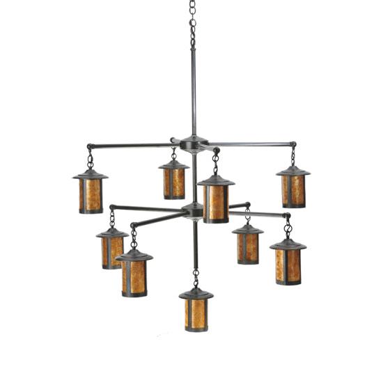 Meyda Lighting Fulton 42" 9-Light Craftsman Brown Chandelier With Amber Mica Shade Glass