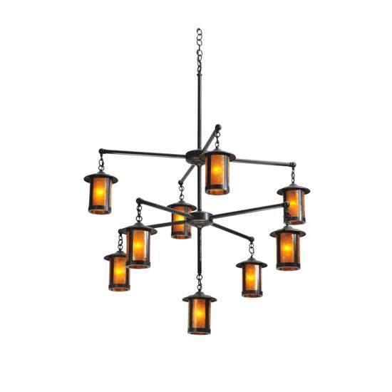 Meyda Lighting Fulton 42" 9-Light Craftsman Brown Chandelier With Amber Mica Shade Glass
