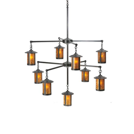 Meyda Lighting Fulton 42" 9-Light Craftsman Brown Chandelier With Amber Mica Shade Glass
