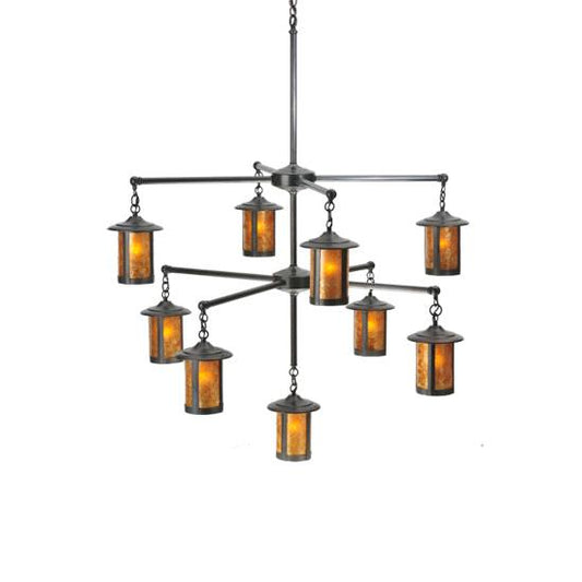 Meyda Lighting Fulton 42" 9-Light Craftsman Brown Chandelier With Amber Mica Shade Glass