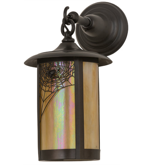 Meyda Lighting Fulton 44279 8" Craftsman Brown Spider Web Hanging Wall Sconce With Beige Iridescent Shade Glass