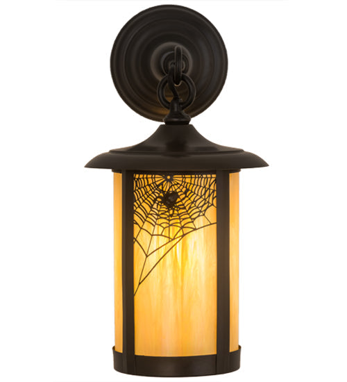 Meyda Lighting Fulton 44279 8" Craftsman Brown Spider Web Hanging Wall Sconce With Beige Iridescent Shade Glass