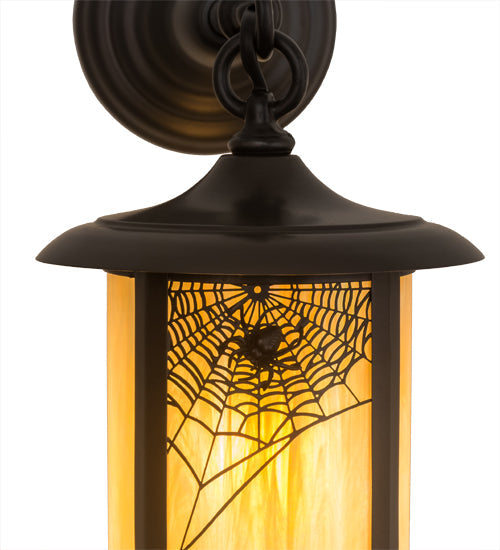 Meyda Lighting Fulton 44279 8" Craftsman Brown Spider Web Hanging Wall Sconce With Beige Iridescent Shade Glass