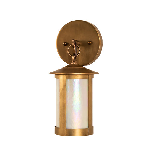 Meyda Lighting Fulton 5" Satin Brass Prime Hanging Wall Sconce With White Iridescent Shade Glass