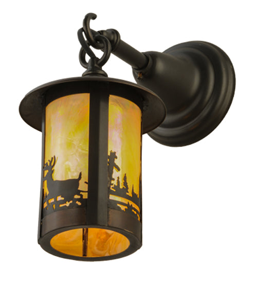 Meyda Lighting Fulton 6" Craftsman Brown Deer Creek Hanging Wall Sconce With Beige Iridescent Shade Glass
