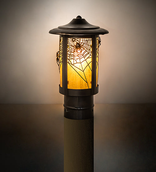 Meyda Lighting Fulton 6" Craftsman Brown On Brass Spider Web Outdoor Post Mount Light With Honey Amber Shade Glass