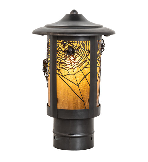 Meyda Lighting Fulton 6" Craftsman Brown On Brass Spider Web Outdoor Post Mount Light With Honey Amber Shade Glass