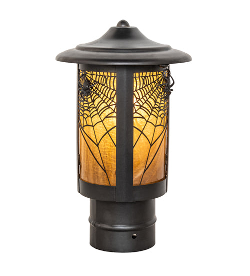 Meyda Lighting Fulton 6" Craftsman Brown On Brass Spider Web Outdoor Post Mount Light With Honey Amber Shade Glass