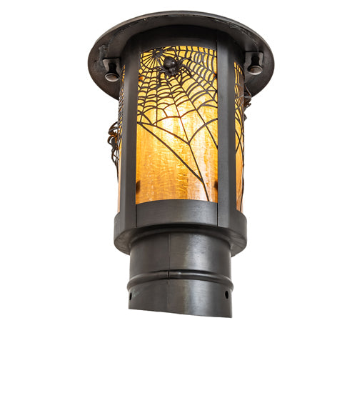Meyda Lighting Fulton 6" Craftsman Brown On Brass Spider Web Outdoor Post Mount Light With Honey Amber Shade Glass
