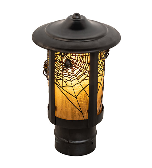 Meyda Lighting Fulton 6" Craftsman Brown On Brass Spider Web Outdoor Post Mount Light With Honey Amber Shade Glass