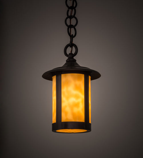 Meyda Lighting Fulton 6" Craftsman Brown Prime Mini Pendant Light With Beige Art Shade Glass