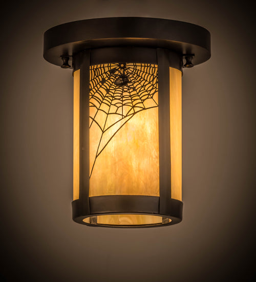 Meyda Lighting Fulton 6" Craftsman Brown Spider Web Flush Mount Light With Beige Iridescent Shade Glass