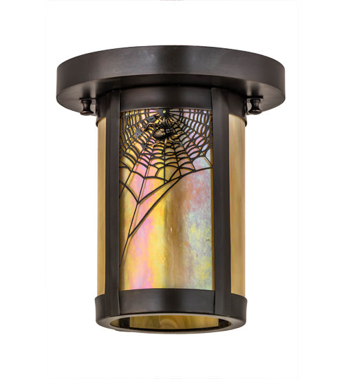 Meyda Lighting Fulton 6" Craftsman Brown Spider Web Flush Mount Light With Beige Iridescent Shade Glass