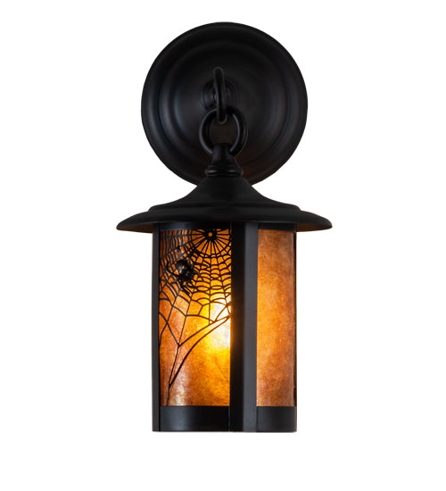 Meyda Lighting Fulton 6" Craftsman Brown Spider Web Hanging Wall Sconce With Amber Mica Shade Glass