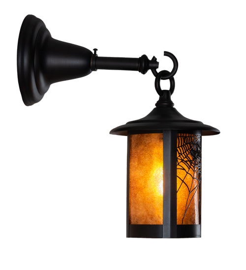 Meyda Lighting Fulton 6" Craftsman Brown Spider Web Hanging Wall Sconce With Amber Mica Shade Glass