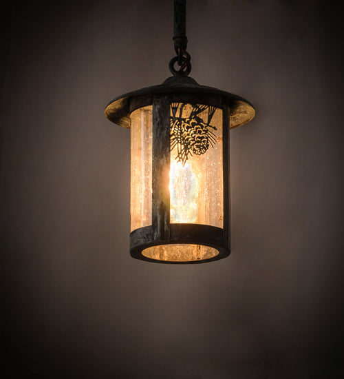 Meyda Lighting Fulton 6" Verdigris Winter Pine Pendant Light With Clear Seeded Shade Glass