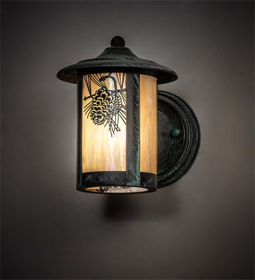 Meyda Lighting Fulton 6" Verdigris Winter Pine Solid Mount Wall Sconce With Beige Iridescent Shade Glass