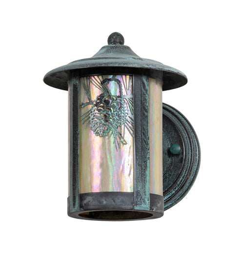 Meyda Lighting Fulton 6" Verdigris Winter Pine Solid Mount Wall Sconce With Beige Iridescent Shade Glass