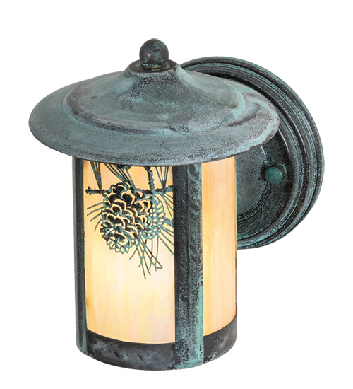 Meyda Lighting Fulton 6" Verdigris Winter Pine Solid Mount Wall Sconce With Beige Iridescent Shade Glass