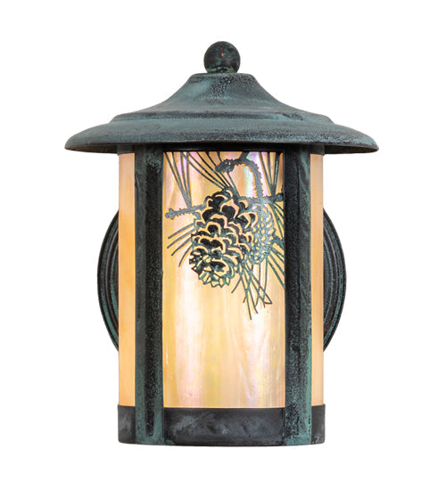 Meyda Lighting Fulton 6" Verdigris Winter Pine Solid Mount Wall Sconce With Beige Iridescent Shade Glass