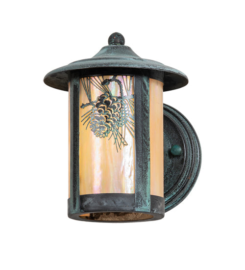 Meyda Lighting Fulton 6" Verdigris Winter Pine Solid Mount Wall Sconce With Beige Iridescent Shade Glass