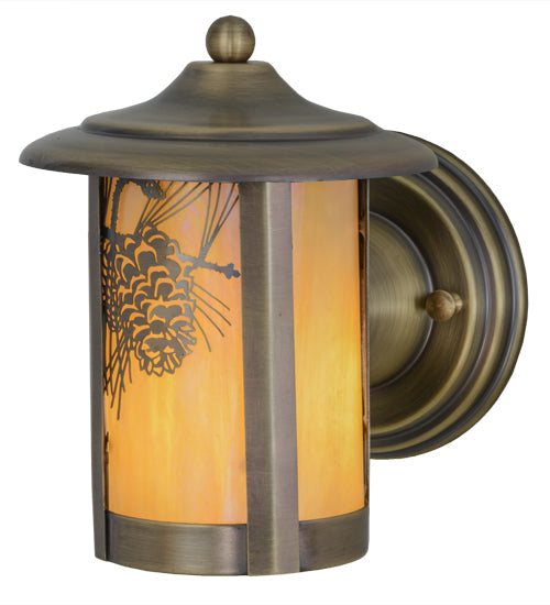 Meyda Lighting Fulton 7" Antique Brass Winter Pine Solid Mount Wall Sconce With Beige Iridescent Shade Glass