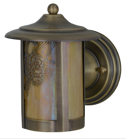 Meyda Lighting Fulton 7" Antique Brass Winter Pine Solid Mount Wall Sconce With Beige Iridescent Shade Glass