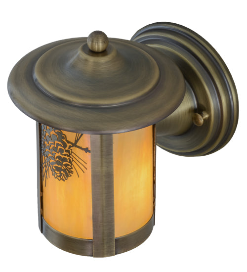 Meyda Lighting Fulton 7" Antique Brass Winter Pine Solid Mount Wall Sconce With Beige Iridescent Shade Glass