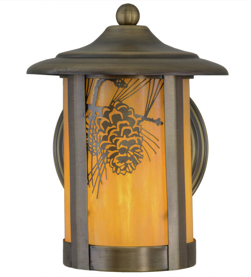 Meyda Lighting Fulton 7" Antique Brass Winter Pine Solid Mount Wall Sconce With Beige Iridescent Shade Glass